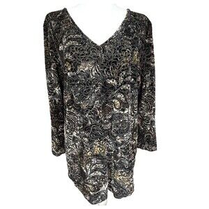 Sno Skins Tunic Top Black Gold Burnout Velvet Floral Bell Sleeve Party Boho L
